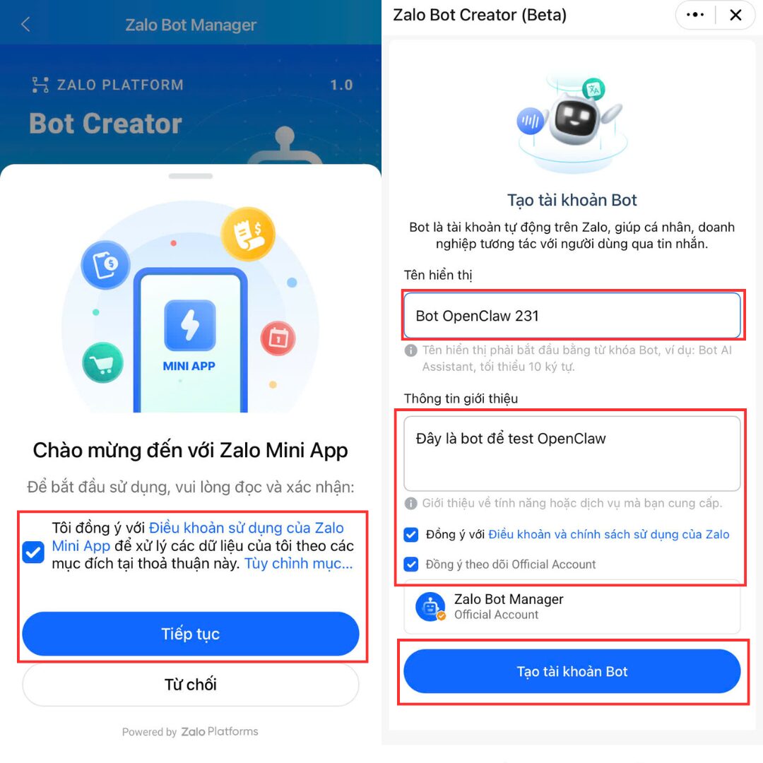 Hướng dẫn kết nối Zalo với OpenClaw qua Bot API chi tiết A-Z 3 Tạo bot Zalo thông qua Zalo Bot Manager
