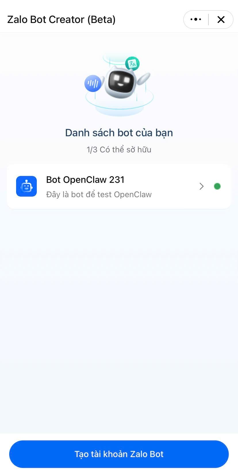 Hướng dẫn kết nối Zalo với OpenClaw qua Bot API chi tiết A-Z 4 Tạo bot Zalo thông qua Zalo Bot Manager