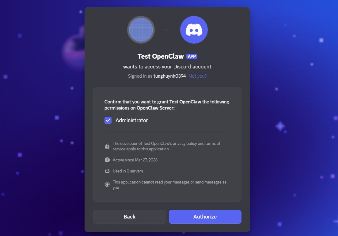Cấp quyền cho bot và thêm vào server
