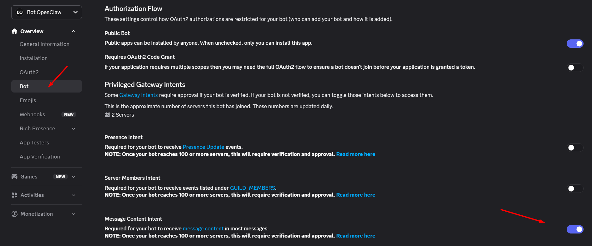 Bật Message Content Intent