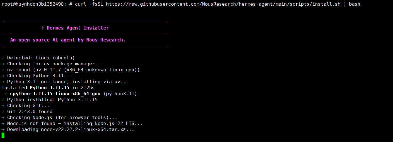 Bước 3 — Cài đặt Hermes Agent