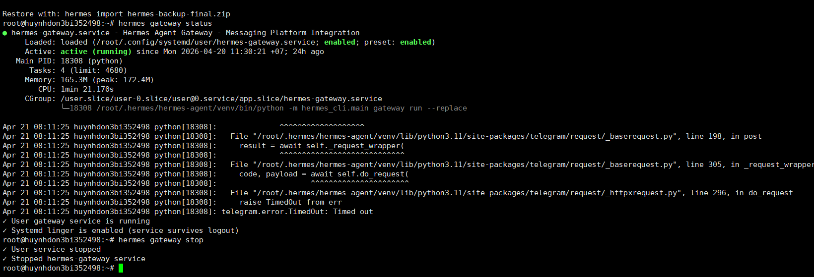 Bước 1 — Dừng toàn bộ tiến trình Hermes đang chạy