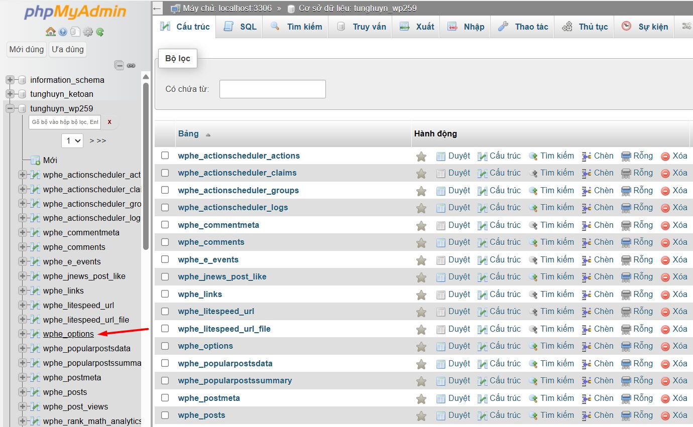 Cập nhật tên miền mới trong cơ sở dữ liệu qua phpMyAdmin