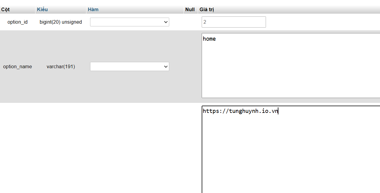 Cập nhật tên miền mới trong cơ sở dữ liệu qua phpMyAdmin