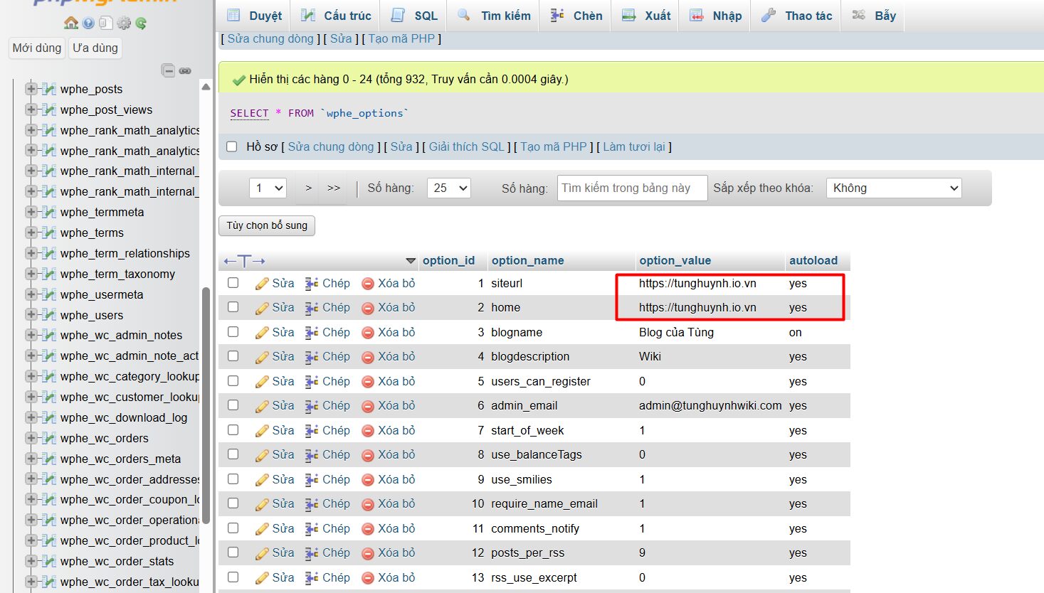 Cập nhật tên miền mới trong cơ sở dữ liệu qua phpMyAdmin