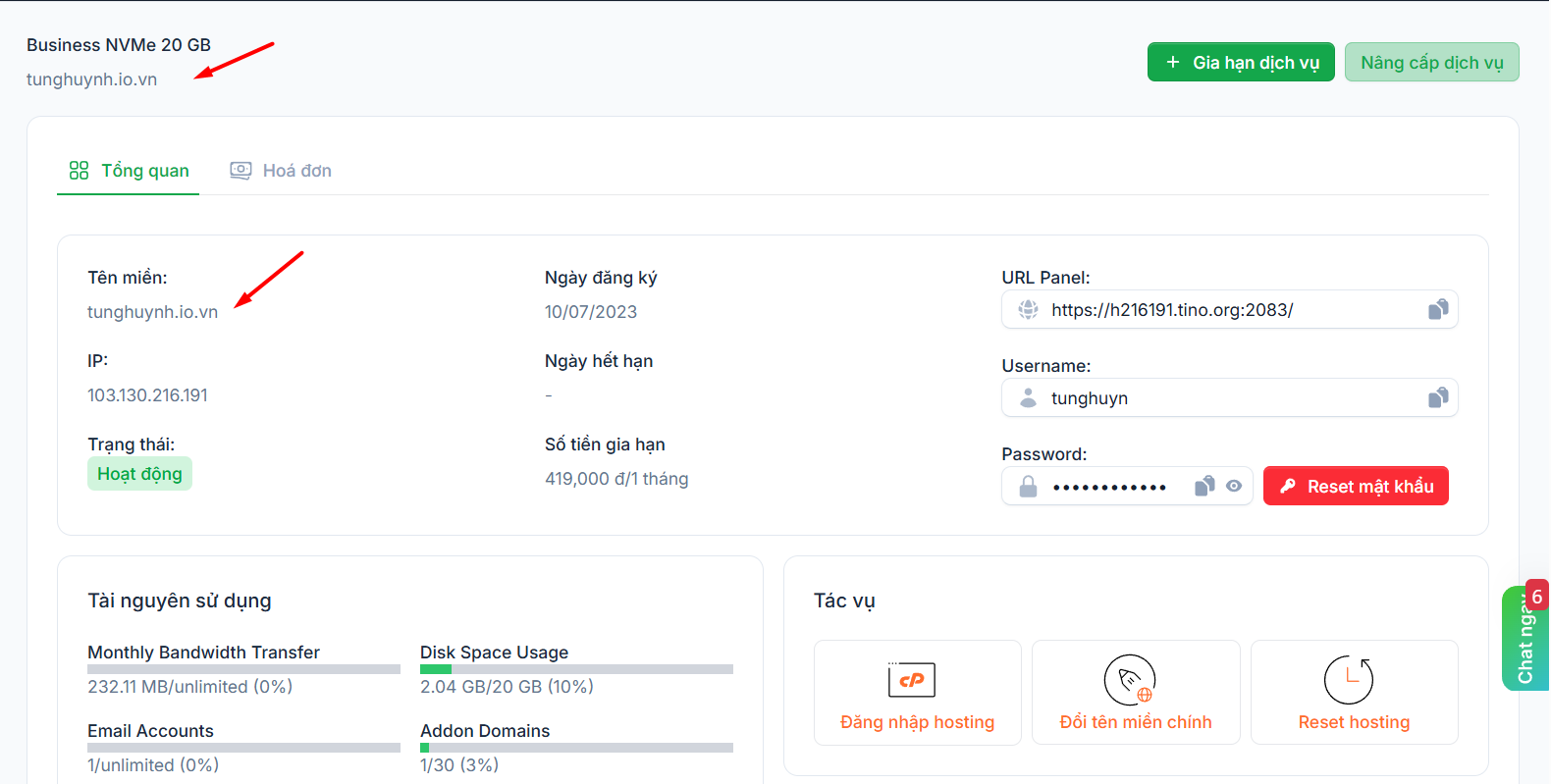 Đổi tên miền chính của gói hosting