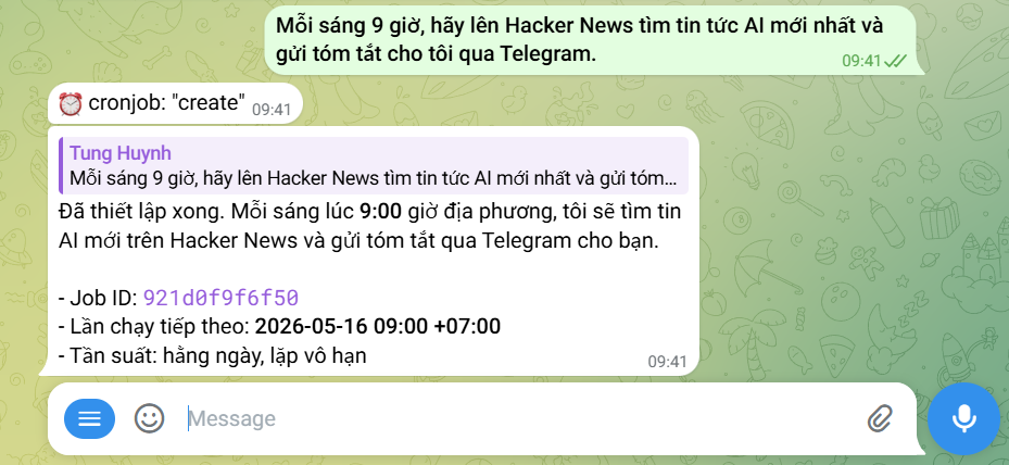 Hướng dẫn sử dụng cron job trên Hermes Agent đơn giản A-Z 6 Tạo bằng ngôn ngữ tự nhiên