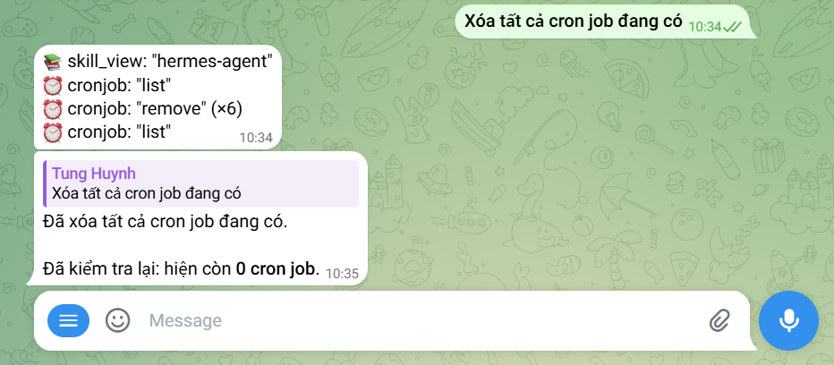 Hướng dẫn sử dụng cron job trên Hermes Agent đơn giản A-Z 11 Xóa tất cả các cron job