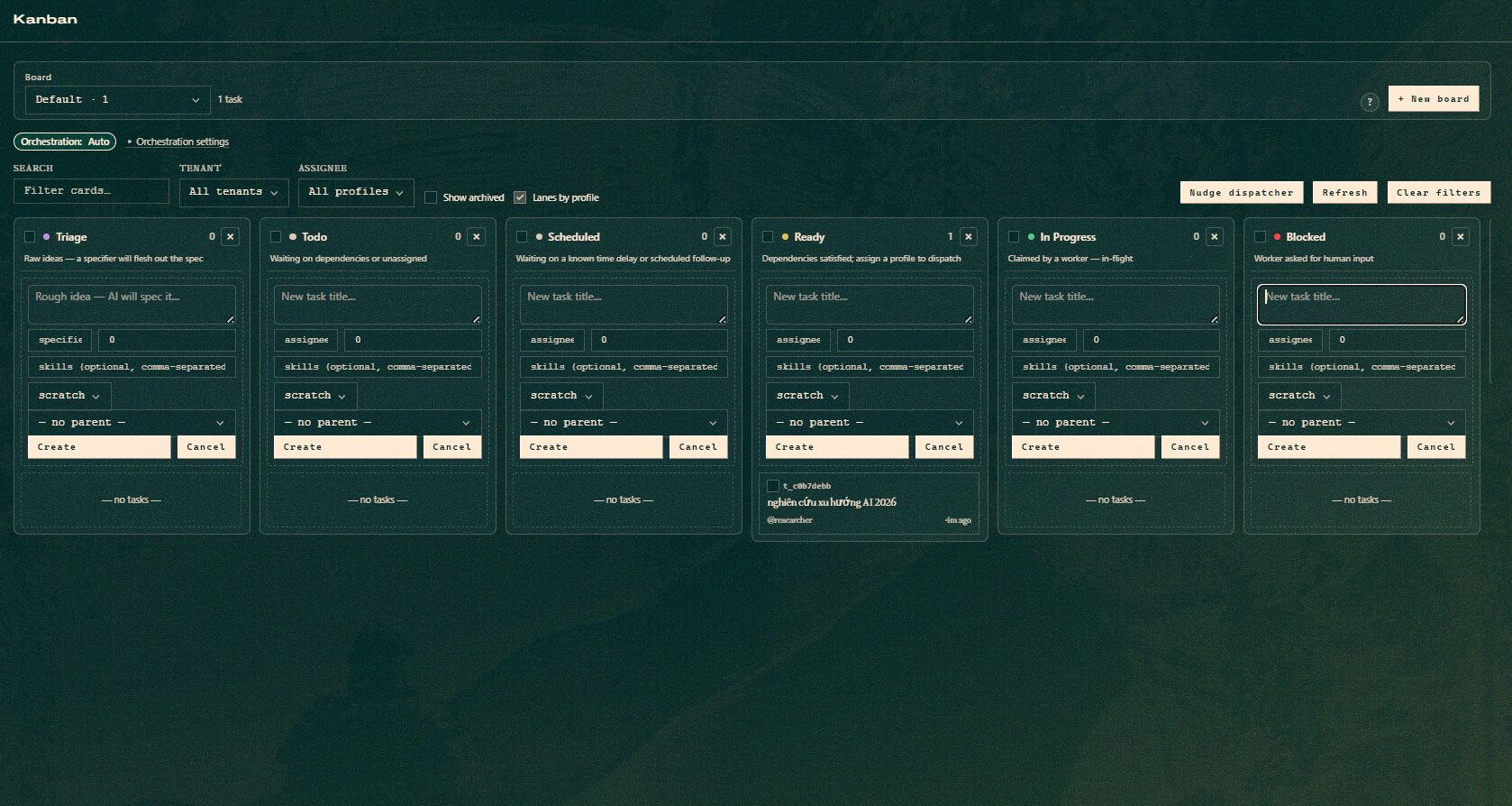 Tìm hiểu Kanban trong Hermes Agent: Bảng quản lý tác vụ cho nhiều AI Agent 7 Tạo task Kanban trực tiếp trên Dashboard