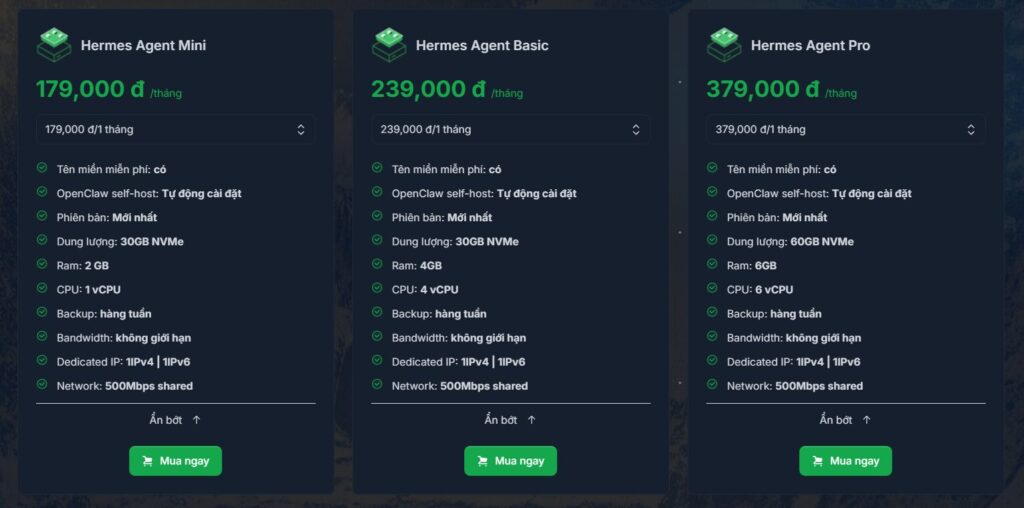 Bảng giá các gói VPS Hermes của Tino