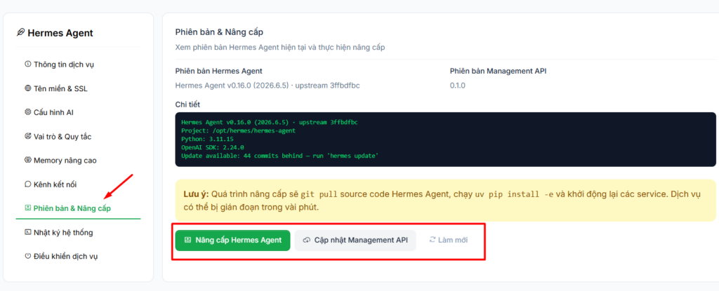 Hướng dẫn đăng ký và sử dụng VPS Hermes Agent chi tiết cho người mới 26 2.7. Quản lý phiên bản và nâng cấp