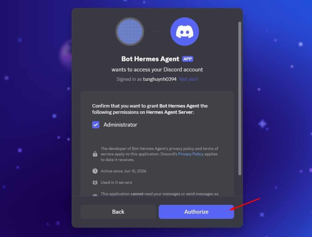 Hướng dẫn kết nối Discord với Hermes Agent trên VPS Hermes của Tino 15 Phần 5: Mời bot vào server Discord