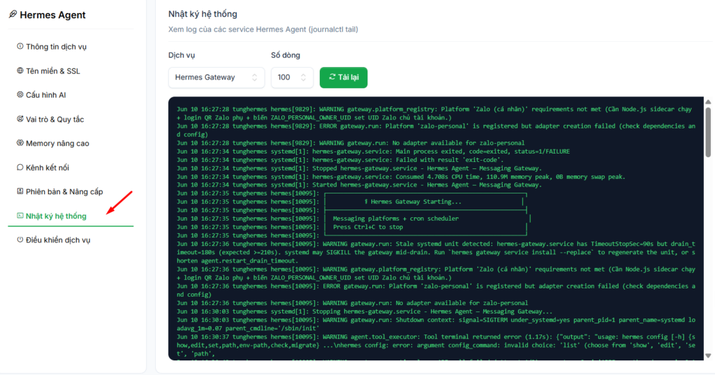 Hướng dẫn đăng ký và sử dụng VPS Hermes Agent chi tiết cho người mới 27 2.8. Theo dõi Nhật ký hệ thống (Logs)