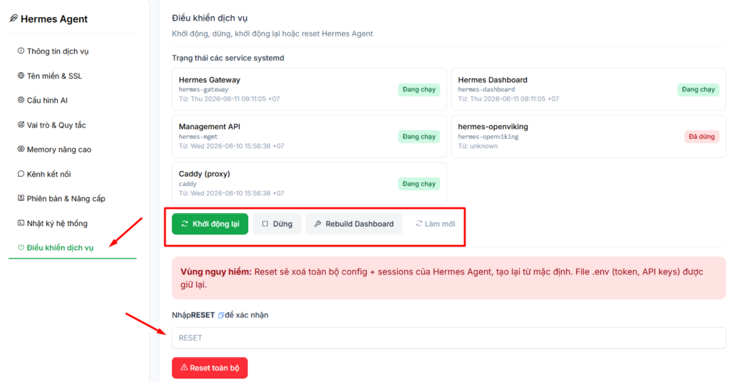 Hướng dẫn đăng ký và sử dụng VPS Hermes Agent chi tiết cho người mới 28 2.9. Điều khiển dịch vụ và Xử lý sự cố