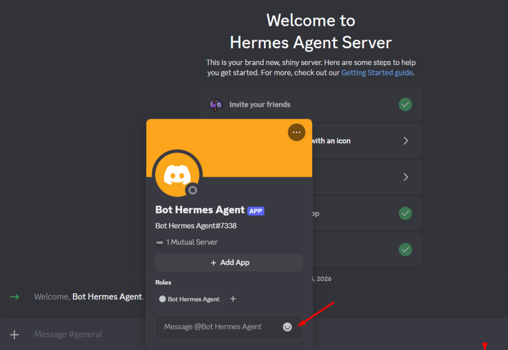 Hướng dẫn kết nối Discord với Hermes Agent trên VPS Hermes của Tino 19 Phần 8: Gửi tin nhắn thử cho bot