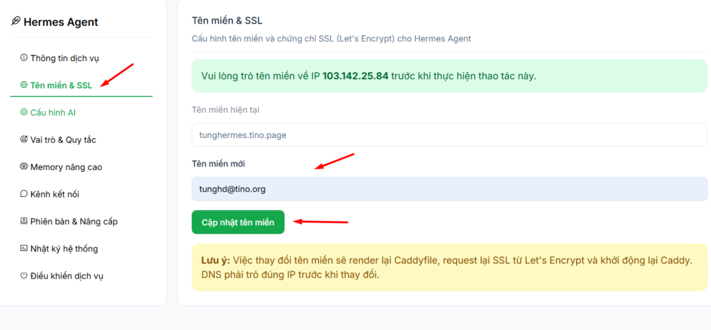 Hướng dẫn đăng ký và sử dụng VPS Hermes Agent chi tiết cho người mới 12 2.2. Tên miền & SSL