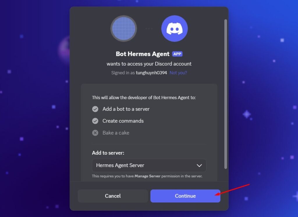 Hướng dẫn kết nối Discord với Hermes Agent trên VPS Hermes của Tino 14 Phần 5: Mời bot vào server Discord