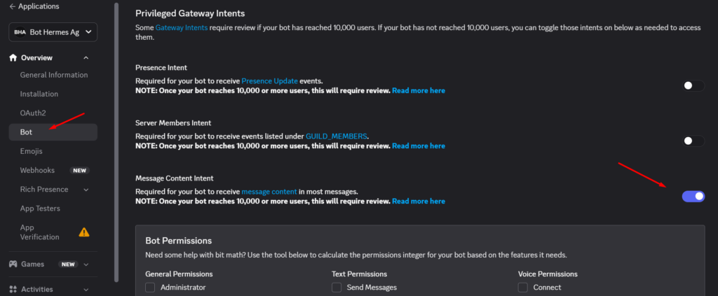 Hướng dẫn kết nối Discord với Hermes Agent trên VPS Hermes của Tino 18 Phần 7: Bật Message Content Intent cho bot