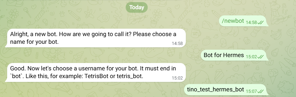 Hướng dẫn kết nối Telegram với Hermes Agent trên VPS Hermes của Tino 3 Tạo username cho bot