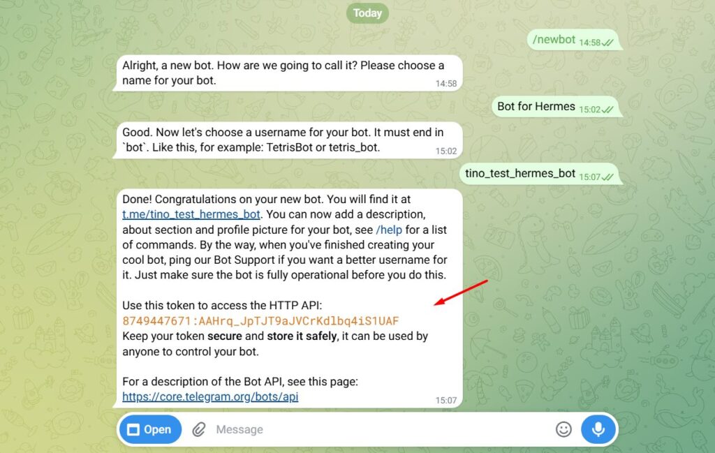 Hướng dẫn kết nối Telegram với Hermes Agent trên VPS Hermes của Tino 4 Sao chép Bot Token