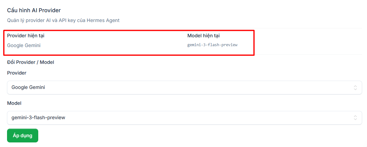 Hướng dẫn đăng ký và sử dụng VPS Hermes Agent chi tiết cho người mới 14 2.2. Cấu hình AI