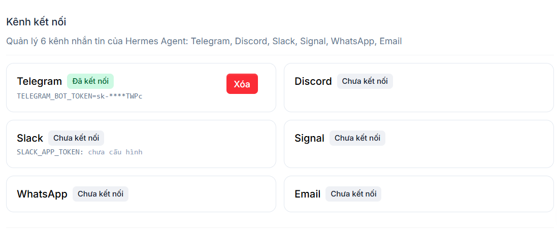 Hướng dẫn đăng ký và sử dụng VPS Hermes Agent chi tiết cho người mới 16 2.3. Thiết lập kênh nhắn tin