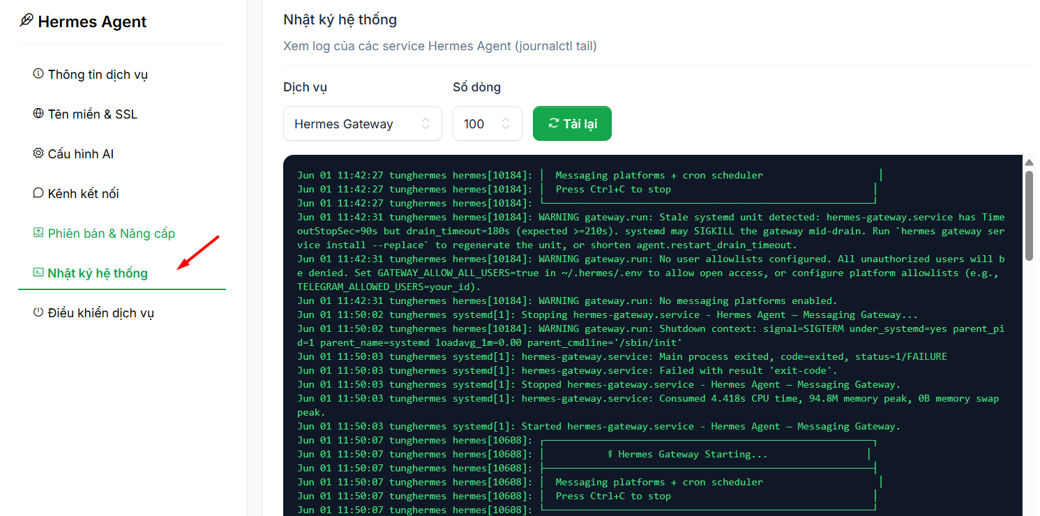 Hướng dẫn đăng ký và sử dụng VPS Hermes Agent chi tiết cho người mới 18 2.5. Theo dõi Nhật ký hệ thống (Logs)