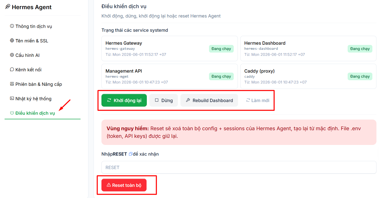 Hướng dẫn đăng ký và sử dụng VPS Hermes Agent chi tiết cho người mới 19 2.6. Điều khiển dịch vụ và Xử lý sự cố