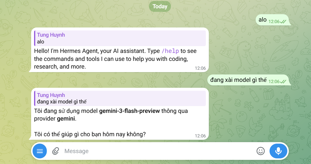 Hướng dẫn đăng ký và sử dụng VPS Hermes Agent chi tiết cho người mới 20 2.7. Trải nghiệm trò chuyện thực tế (Ví dụ qua Telegram)