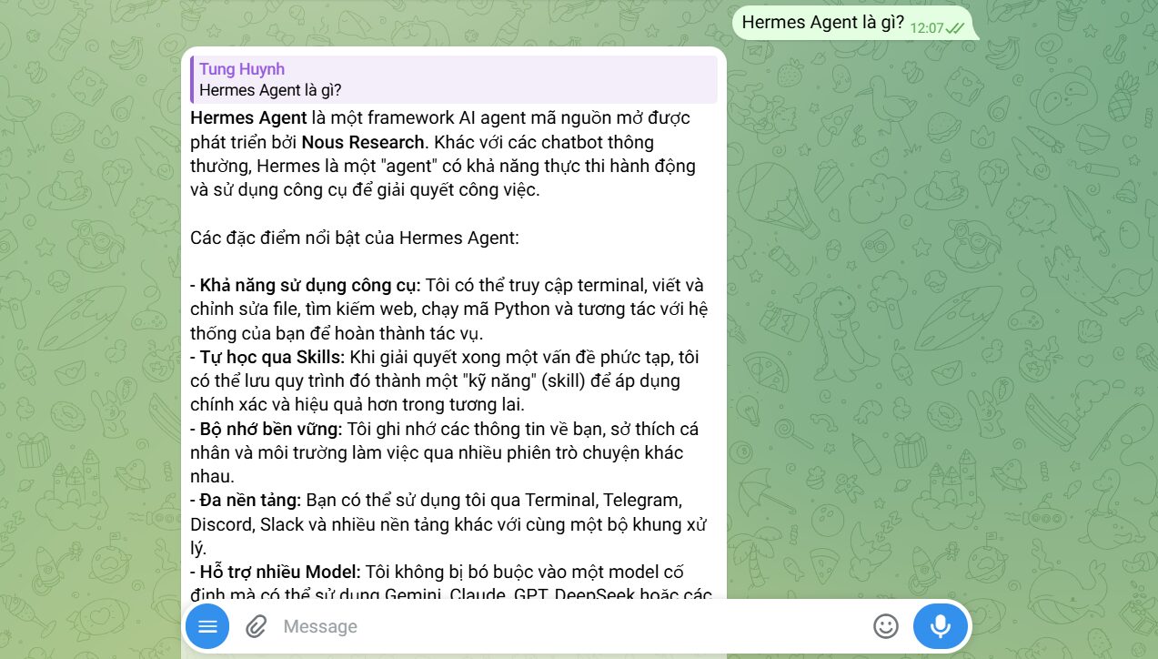 Hướng dẫn đăng ký và sử dụng VPS Hermes Agent chi tiết cho người mới 21 2.7. Trải nghiệm trò chuyện thực tế (Ví dụ qua Telegram)