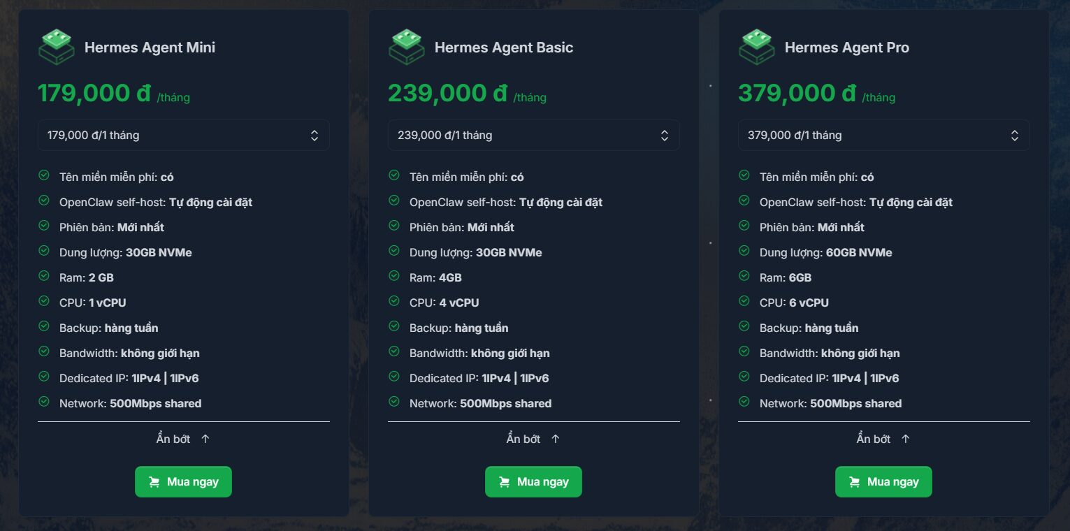 Bảng giá VPS Hermes Agent tại Tino