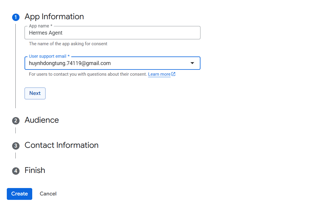 Bước 6: Cấu hình OAuth consent screen