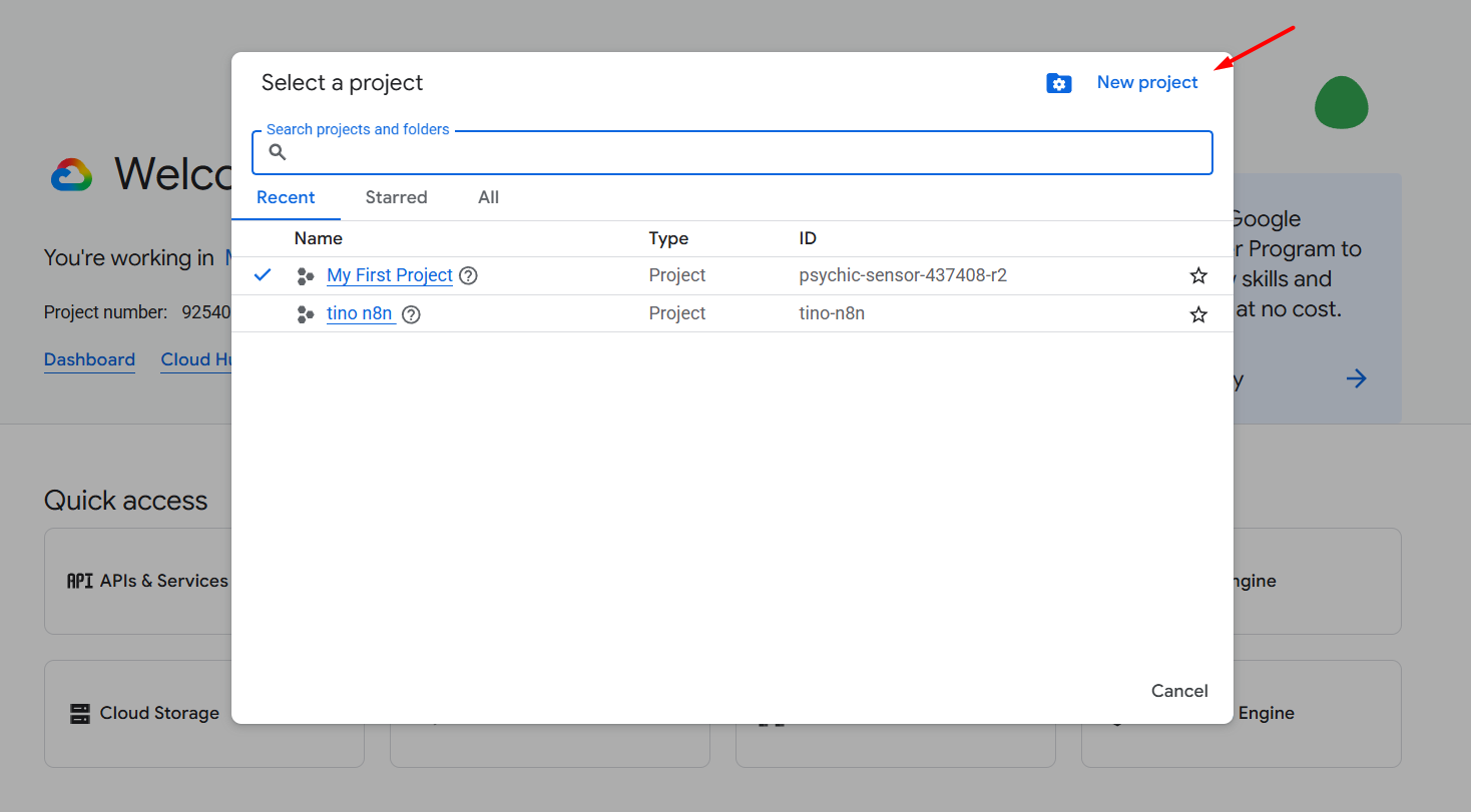 Bước 2: Chọn hoặc tạo Google Cloud Project