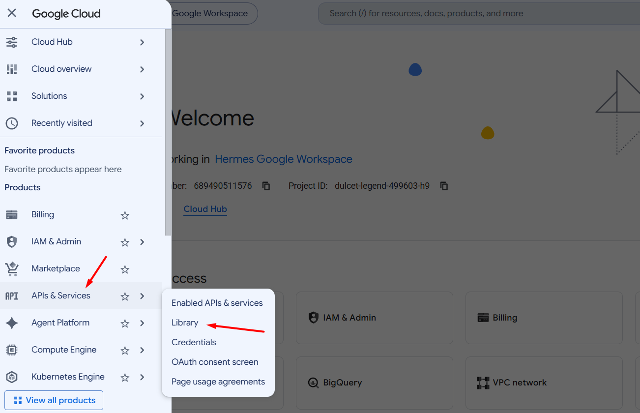 Bước 3: Mở API Library trong Google Cloud