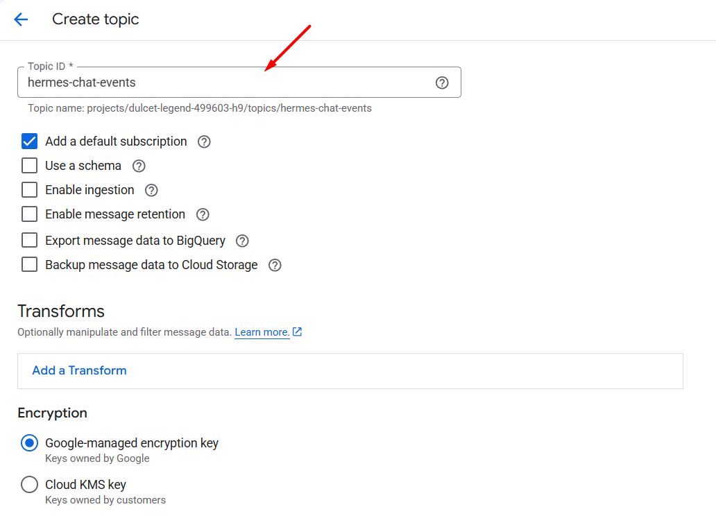 Hướng dẫn kết nối Google Chat với Hermes Agent A-Z 11 Bước 3: Tạo Cloud Pub/Sub Topic