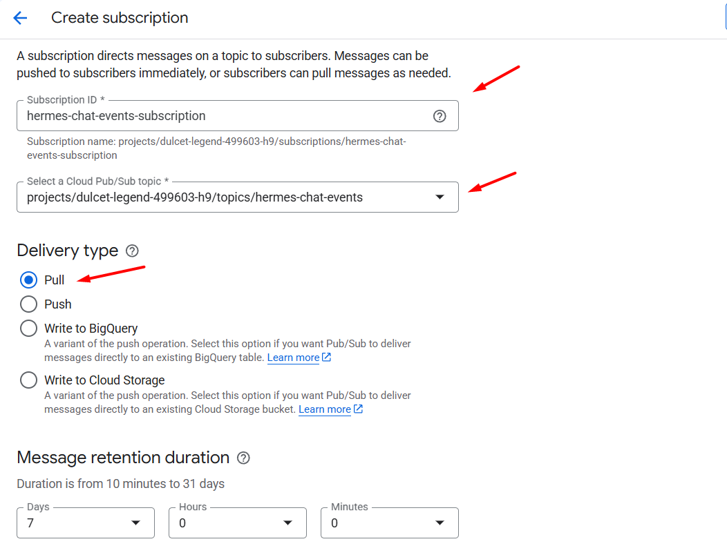 Hướng dẫn kết nối Google Chat với Hermes Agent A-Z 14 Bước 4: Tạo Pull Subscription