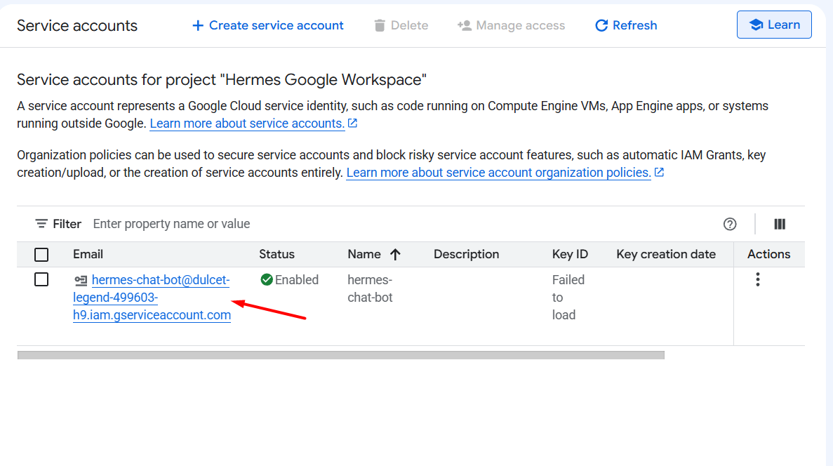 Hướng dẫn kết nối Google Chat với Hermes Agent A-Z 23 Tạo key JSON