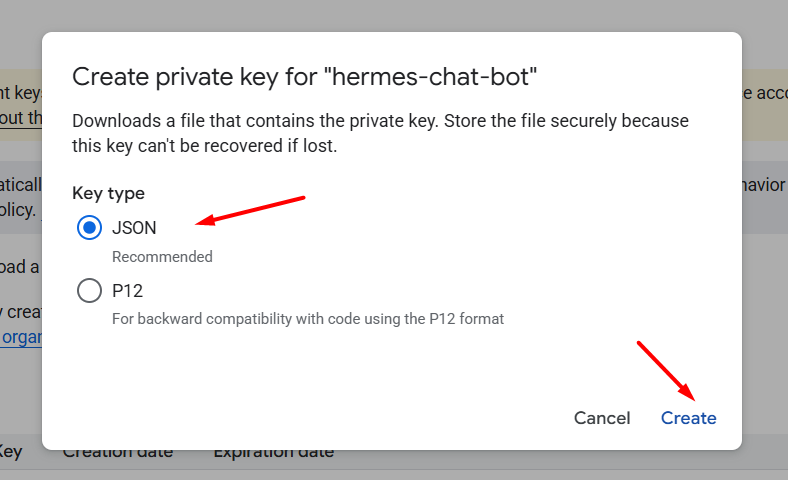 Hướng dẫn kết nối Google Chat với Hermes Agent A-Z 25 Tạo key JSON
