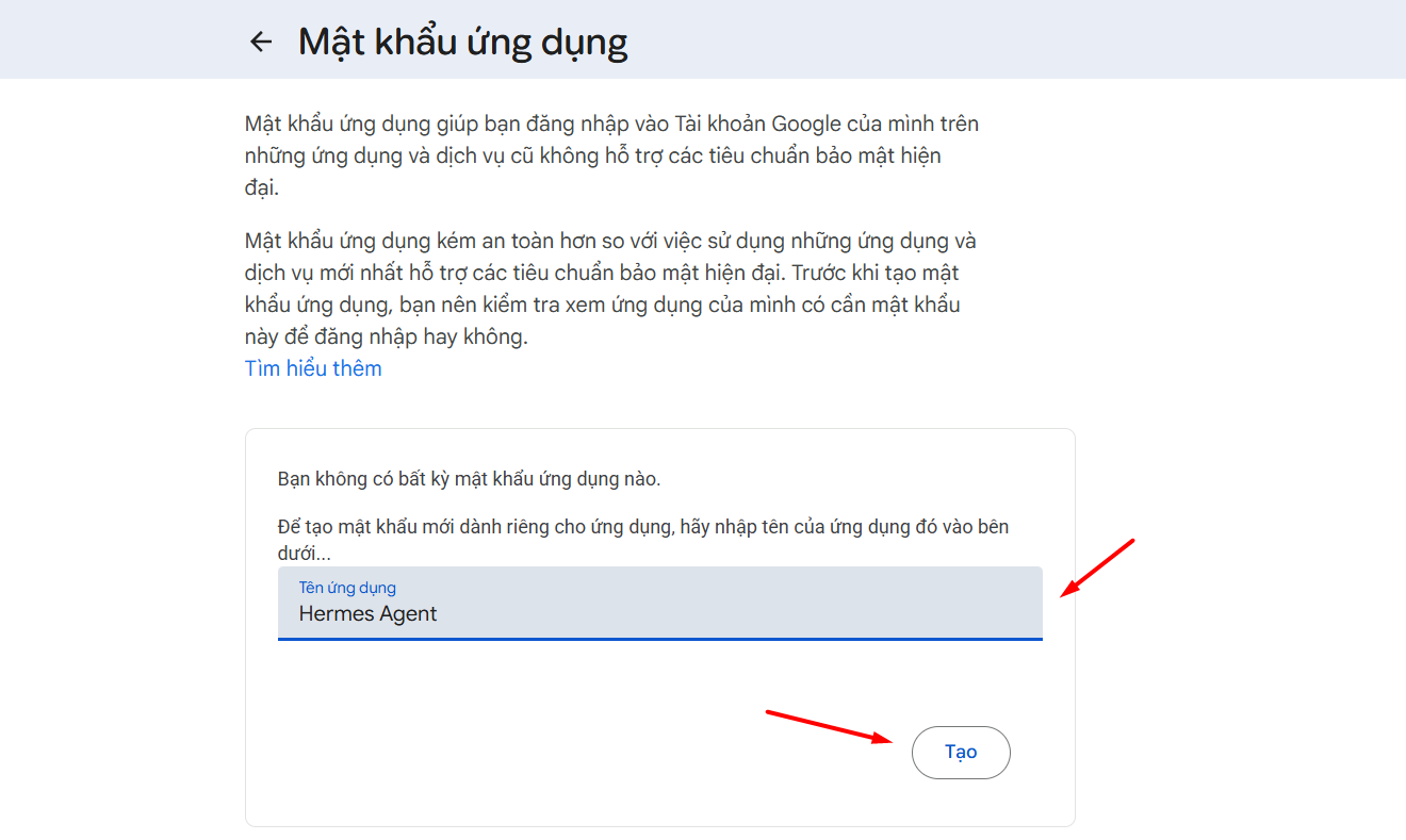 Hướng dẫn kết nối email với Hermes Agent trên VPS Hermes của Tino A-Z 5 Tạo mật khẩu ứng dụng trên tài khoản Google