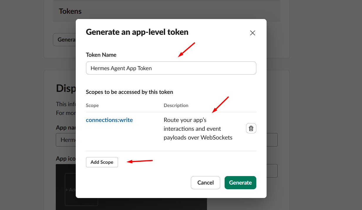 Hướng dẫn kết nối Slack với Hermes Agent trên VPS Hermes của Tino 10 Bước 2: Tạo App-Level Token cho Slack