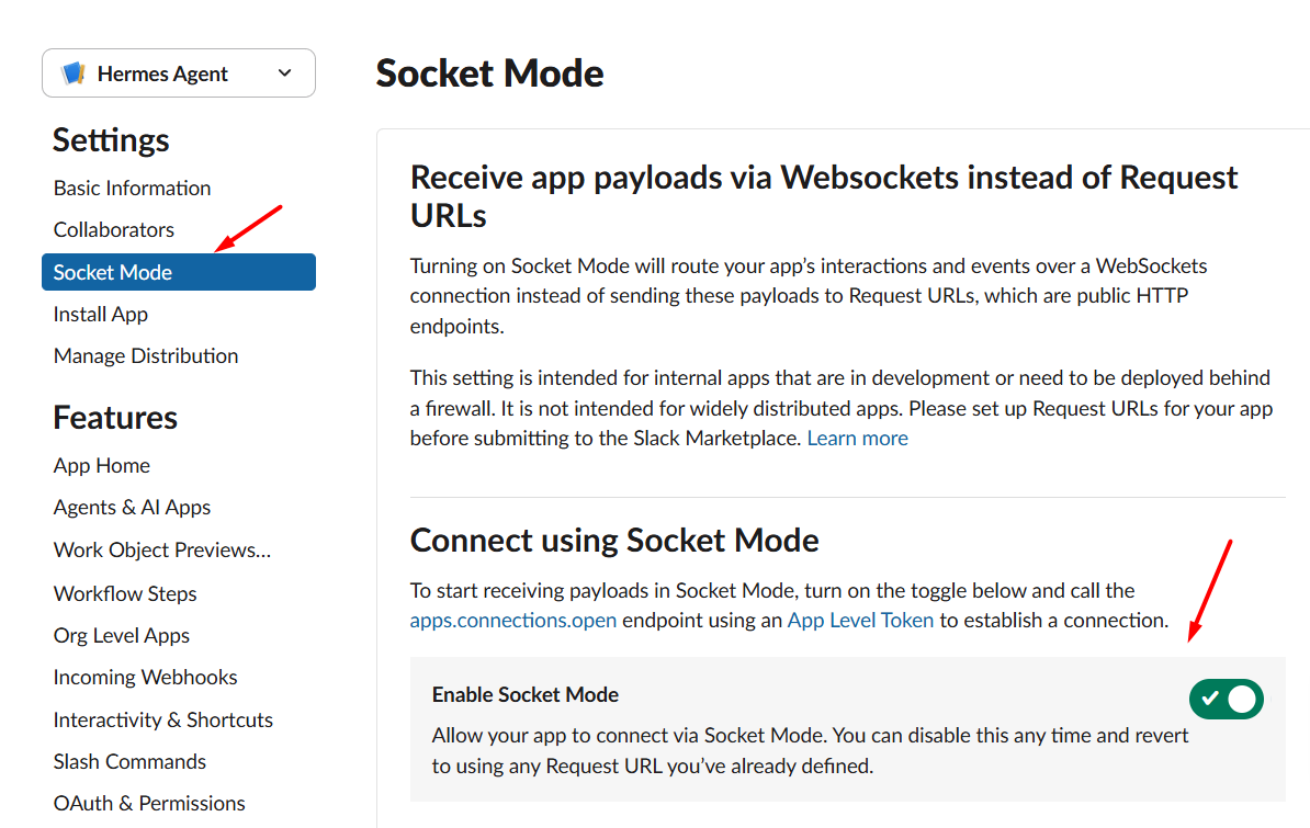 Hướng dẫn kết nối Slack với Hermes Agent trên VPS Hermes của Tino 13 Bước 3: Bật Socket Mode cho ứng dụng Slack