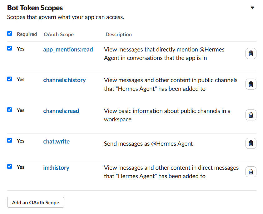 Hướng dẫn kết nối Slack với Hermes Agent trên VPS Hermes của Tino 16 Bước 4: Cấp quyền cho Bot trong Slack