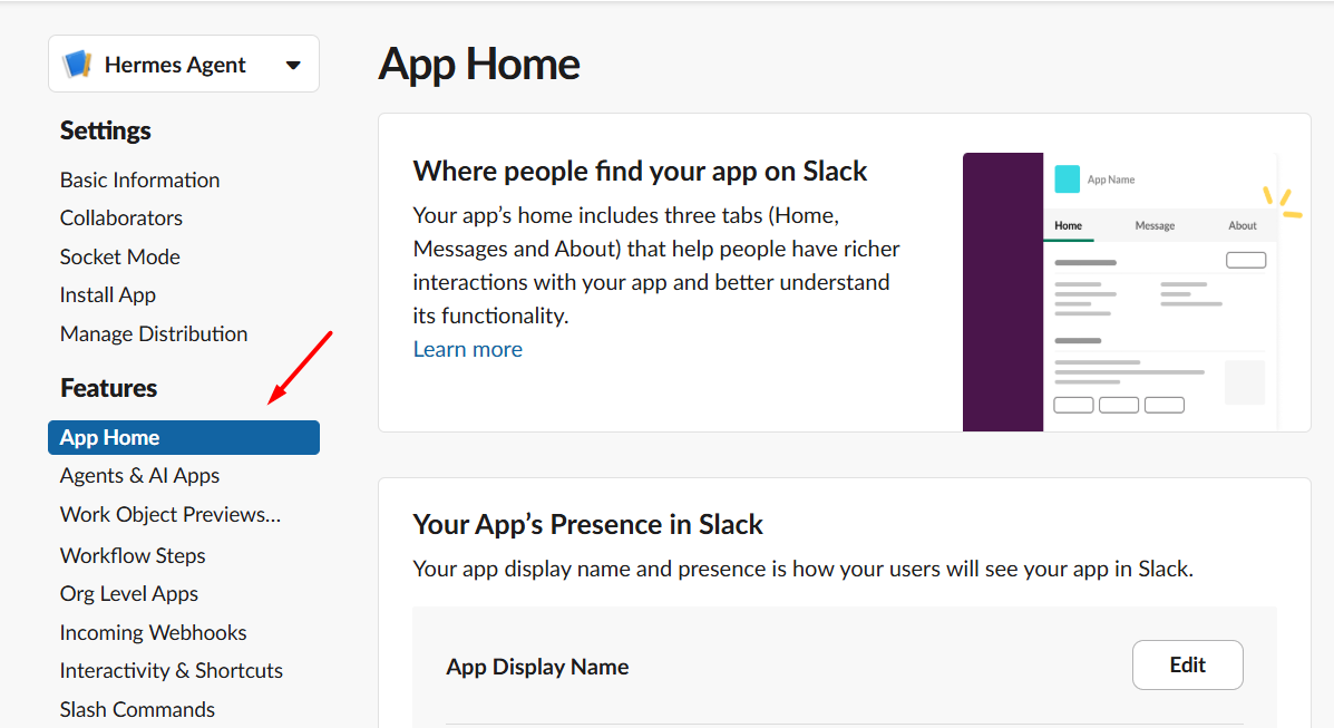 Hướng dẫn kết nối Slack với Hermes Agent trên VPS Hermes của Tino 19 Bước 5: Cấu hình Event Subscriptions và App Home
