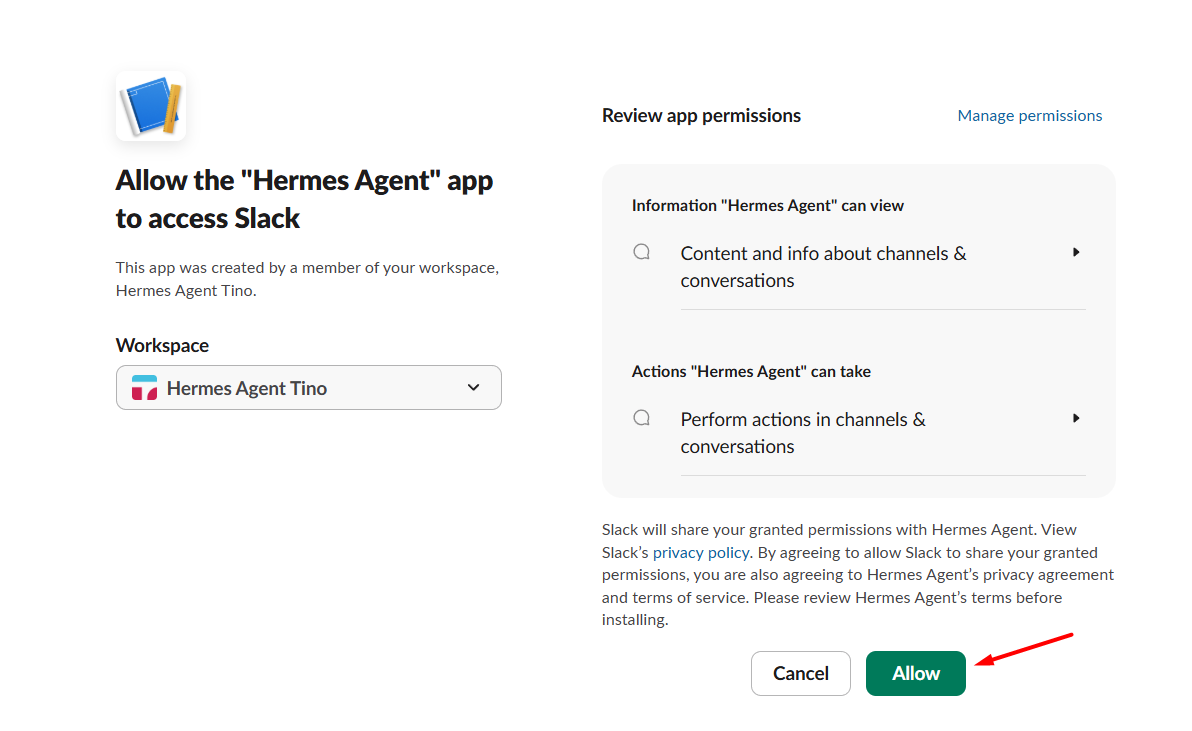 Hướng dẫn kết nối Slack với Hermes Agent trên VPS Hermes của Tino 22 Bước 6: Cài đặt ứng dụng vào workspace và lấy Bot User OAuth Token