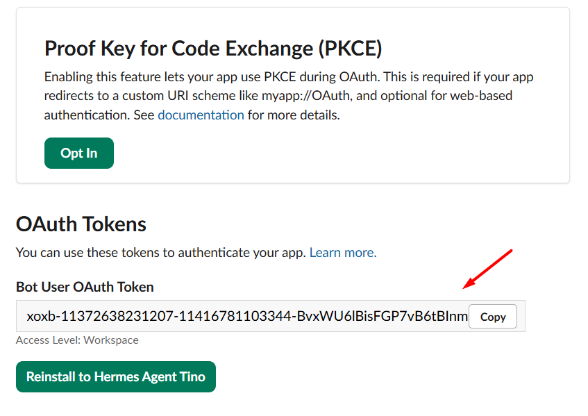 Hướng dẫn kết nối Slack với Hermes Agent trên VPS Hermes của Tino 23 Bước 6: Cài đặt ứng dụng vào workspace và lấy Bot User OAuth Token