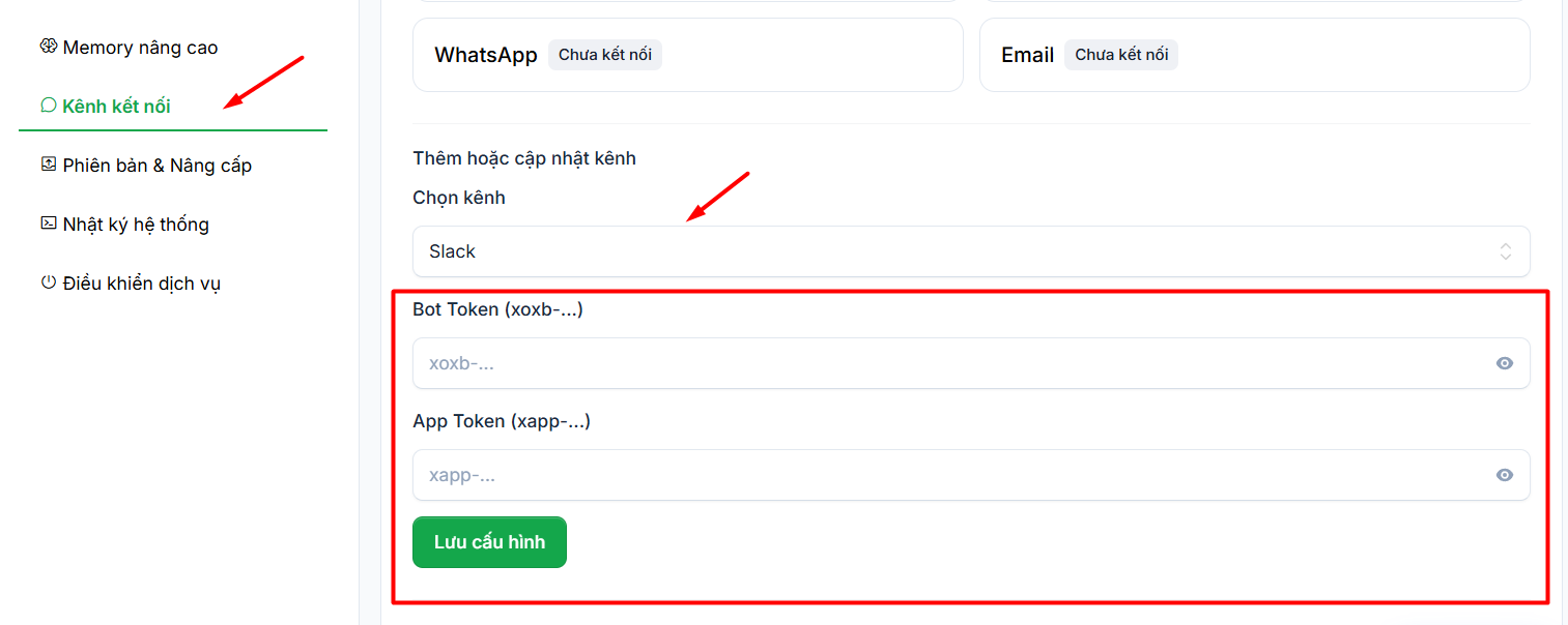 Hướng dẫn kết nối Slack với Hermes Agent trên VPS Hermes của Tino 24 Bước 7: Kết nối Slack trên giao diện quản lý VPS Hermes Agent của Tino