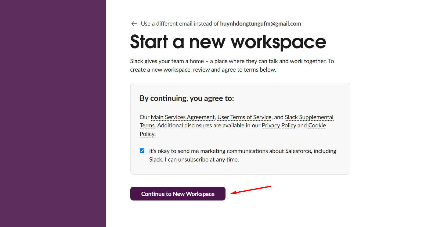 Hướng dẫn kết nối Slack với Hermes Agent trên VPS Hermes của Tino 3 Bước 3: Xác nhận tạo Workspace mới