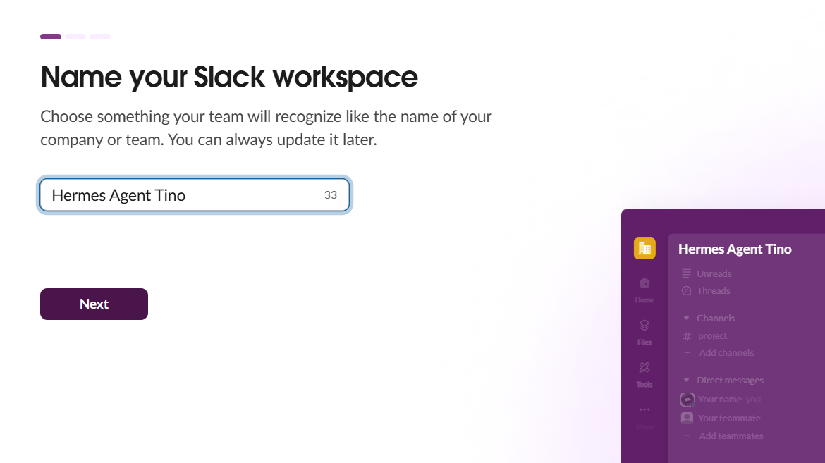 Hướng dẫn kết nối Slack với Hermes Agent trên VPS Hermes của Tino 4 Bước 4: Đặt tên cho Workspace Slack