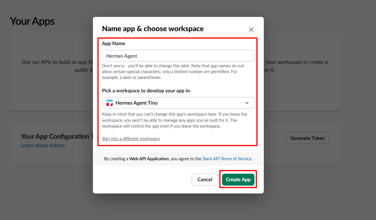Hướng dẫn kết nối Slack với Hermes Agent trên VPS Hermes của Tino 7 Bước 1: Tạo ứng dụng mới trên Slack API