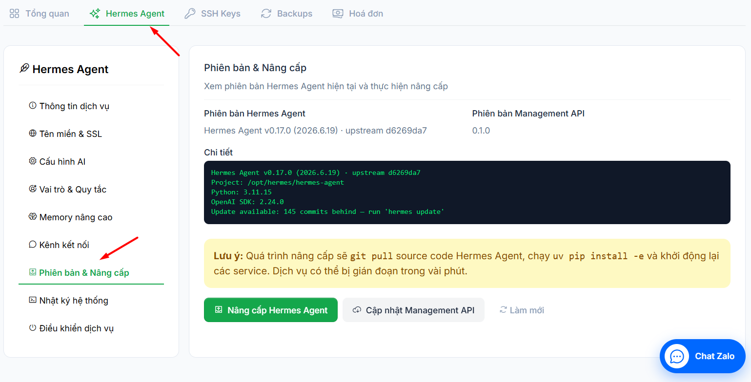 Hướng dẫn cập nhật phiên bản Hermes Agent trên VPS Hermes của Tino 3 Các bước cập nhật phiên bản Hermes Agent